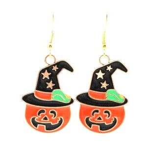 Halloween Earrings, Pumpkin Jack O Lantern with Witch Hat - Orange/Black - 1.25"